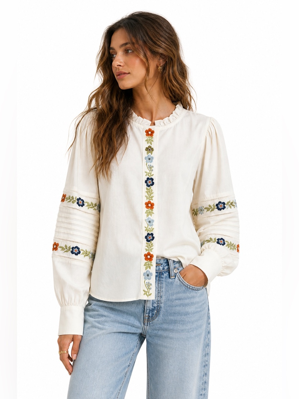 Spartina 449 White Embroidered Blouse Medium Cotton Boho Floral Top